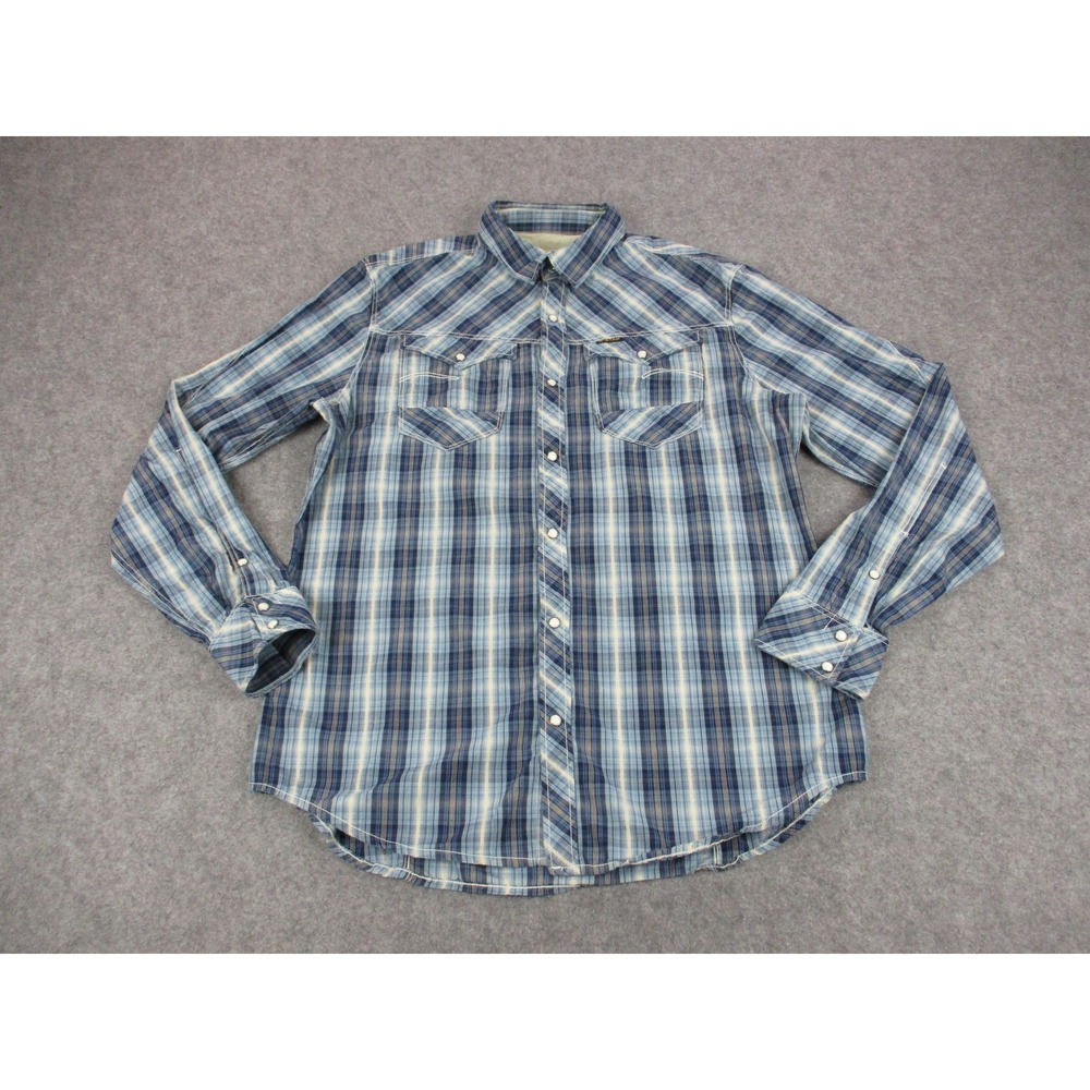G Star Shirt Mens XL Blue White Raw Plaid Pearl Snap Western Embroidered Stripes